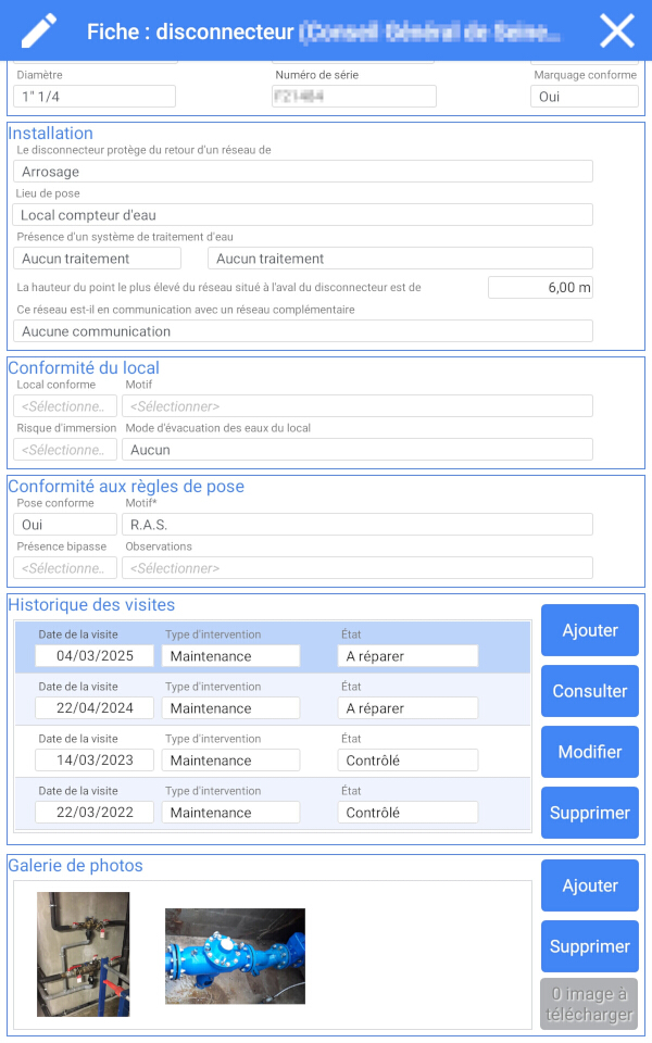 Capture de l'écran de la fiche d'un disconnecteur