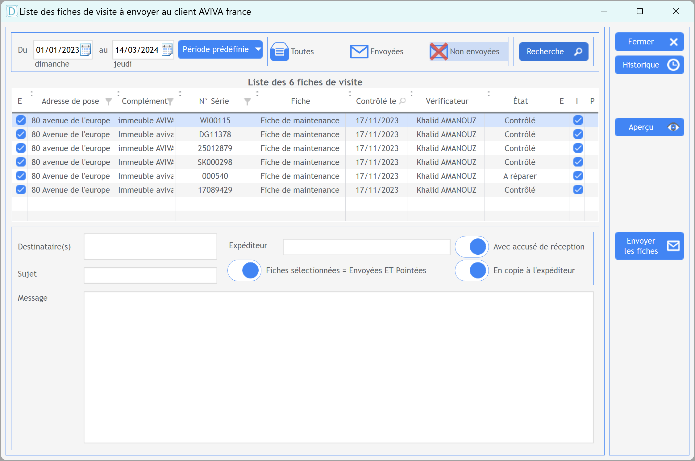 Capture de l'écran de la liste des disconnecteurs